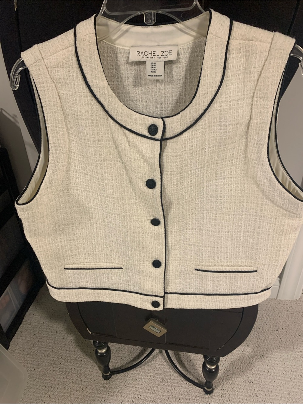 Rachel Zoe Cream Tweed Sleeveless Jacket with Black Trim Accents